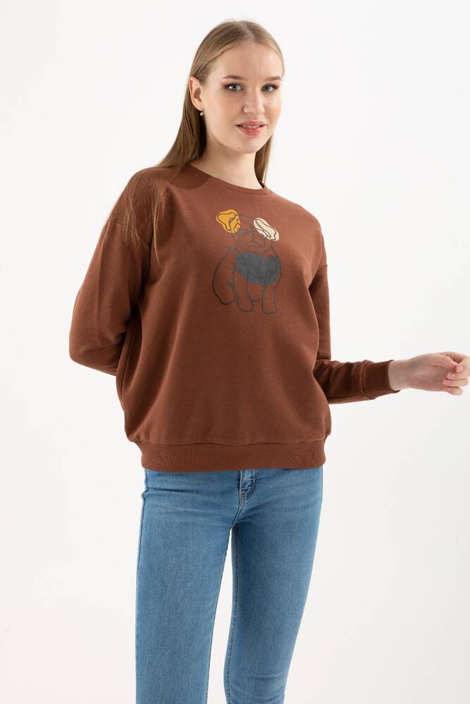 Kadın Bisiklet Yaka Baskılı Sweatshirt 22K0065K1 Kahverengi 