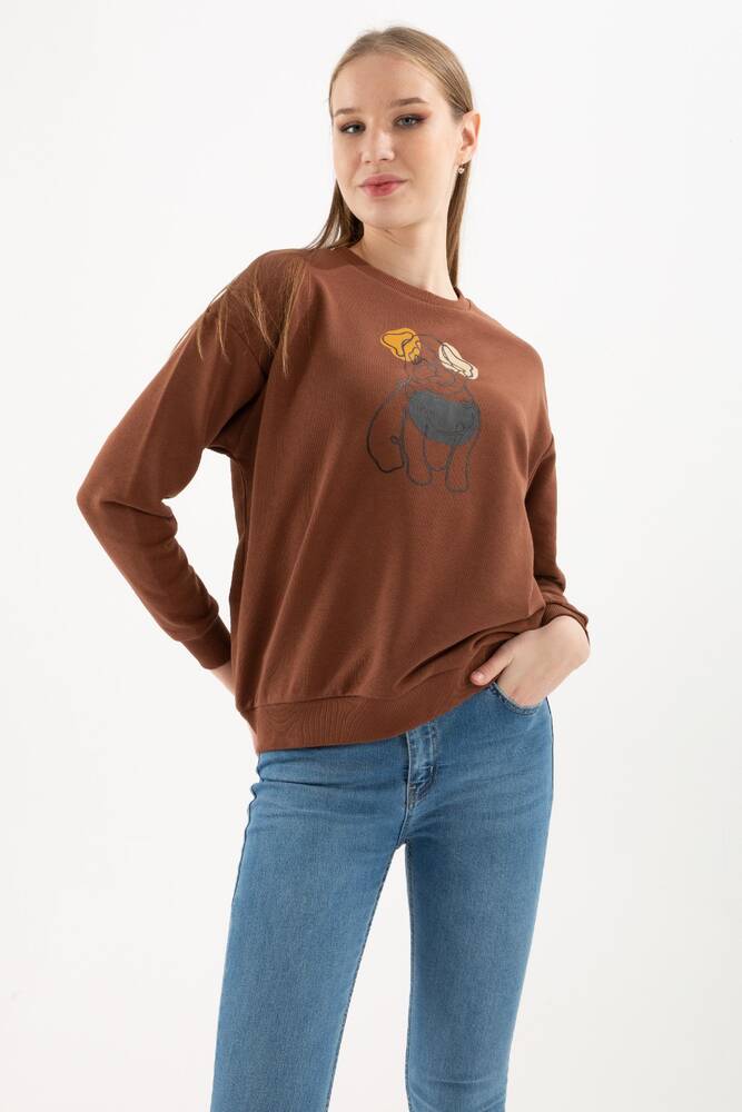 Kadın Bisiklet Yaka Baskılı Sweatshirt 22K0065K1 Kahverengi 