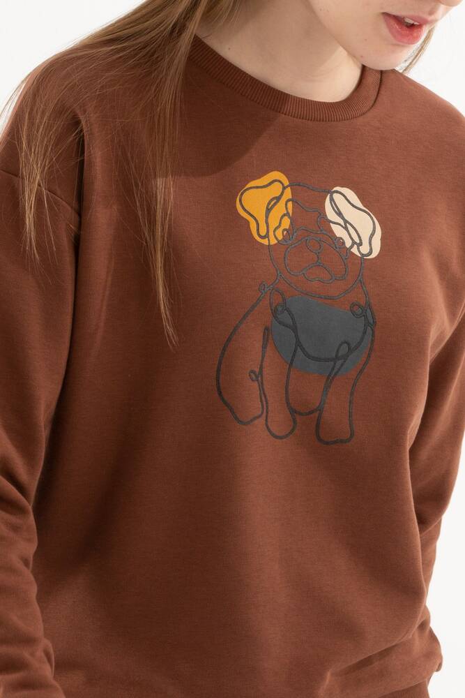 Kadın Bisiklet Yaka Baskılı Sweatshirt 22K0065K1 Kahverengi 