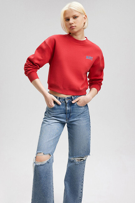 Mavi - Kadın Logo Baskılı Crop Sweat 1611601-70936 Kırmızı 