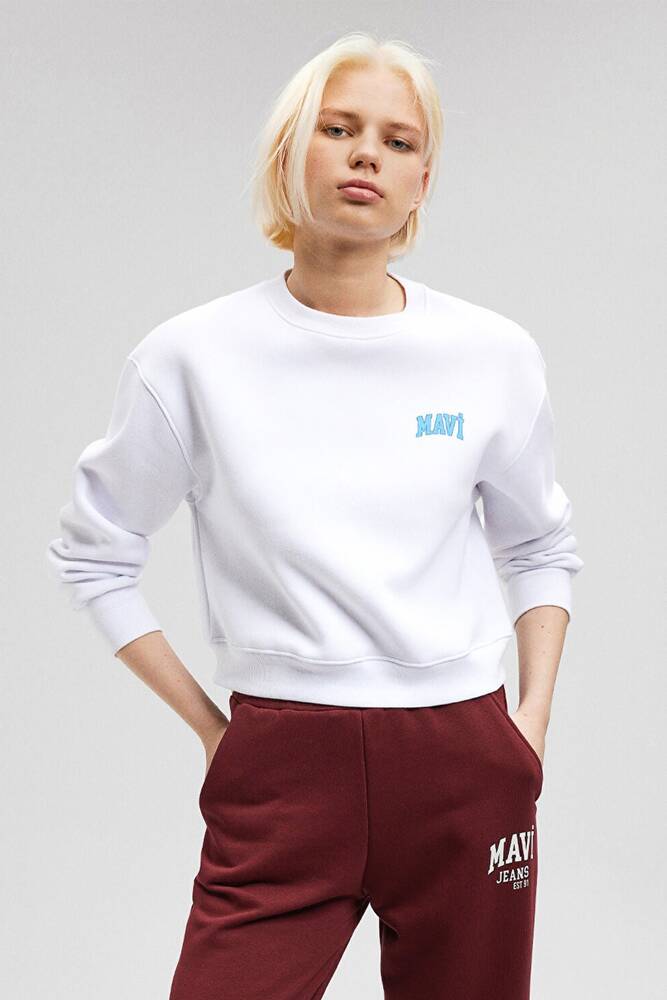 Kadın Mavi Logo Baskılı Crop Sweatshirt 1611601-620 Beyaz 