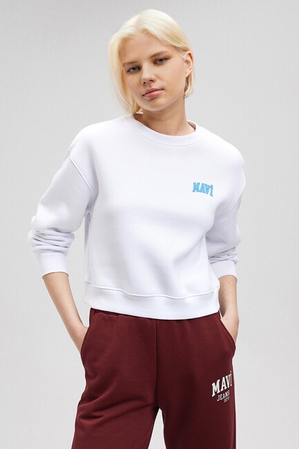 Kadın Mavi Logo Baskılı Crop Sweatshirt 1611601-620 Beyaz - Thumbnail