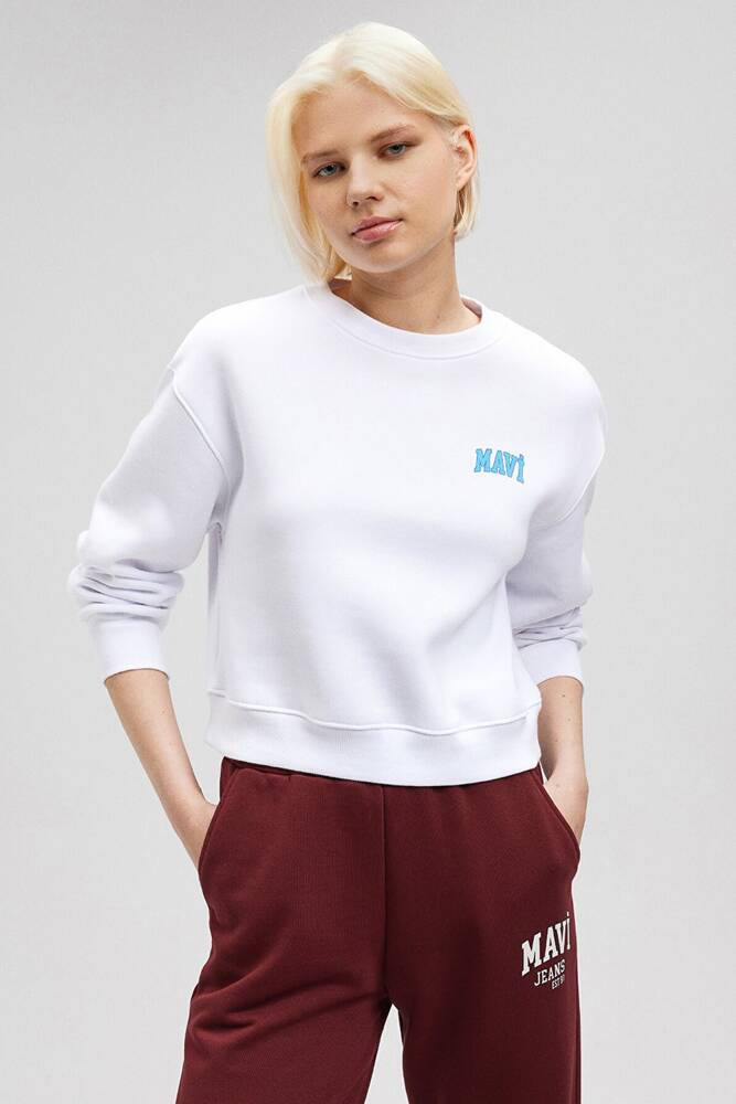 Kadın Mavi Logo Baskılı Crop Sweatshirt 1611601-620 Beyaz 