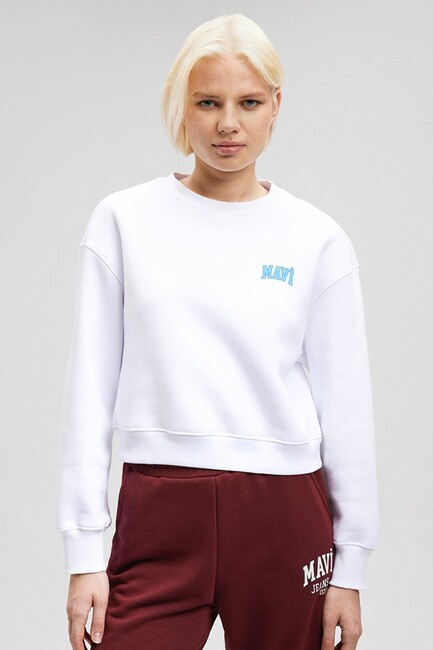 Kadın Mavi Logo Baskılı Crop Sweatshirt 1611601-620 Beyaz - Thumbnail