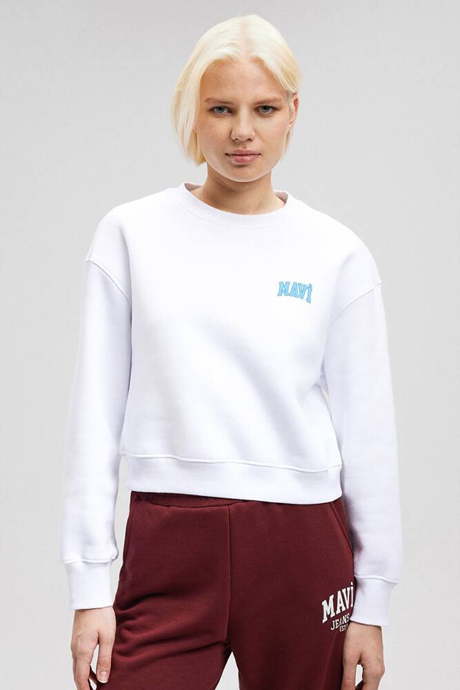 Kadın Mavi Logo Baskılı Crop Sweatshirt 1611601-620 Beyaz 