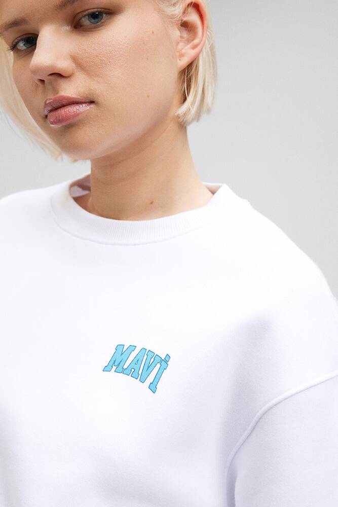 Kadın Mavi Logo Baskılı Crop Sweatshirt 1611601-620 Beyaz 