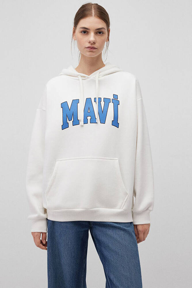 Kadın Mavi Logo Baskılı Kapüşonlu Sweat 1600361-81964 Beyaz 