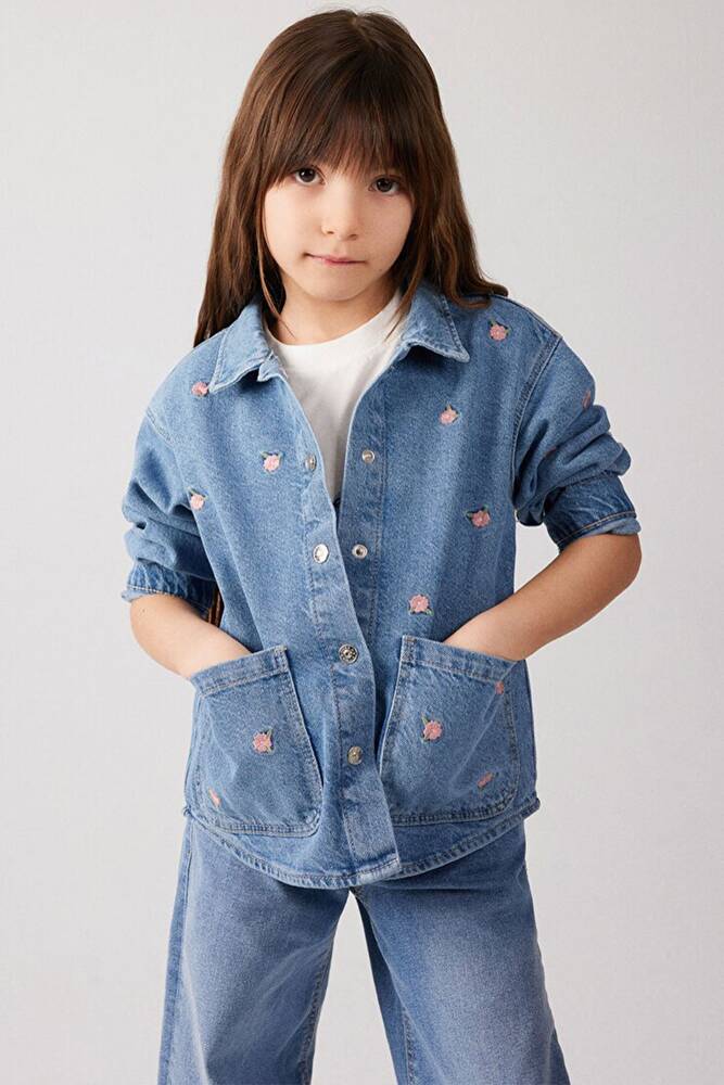 Kız Çocuk Lulu 90S Çiçek Nakışlı Jean Gömlek 7210002-86739 Mavi 