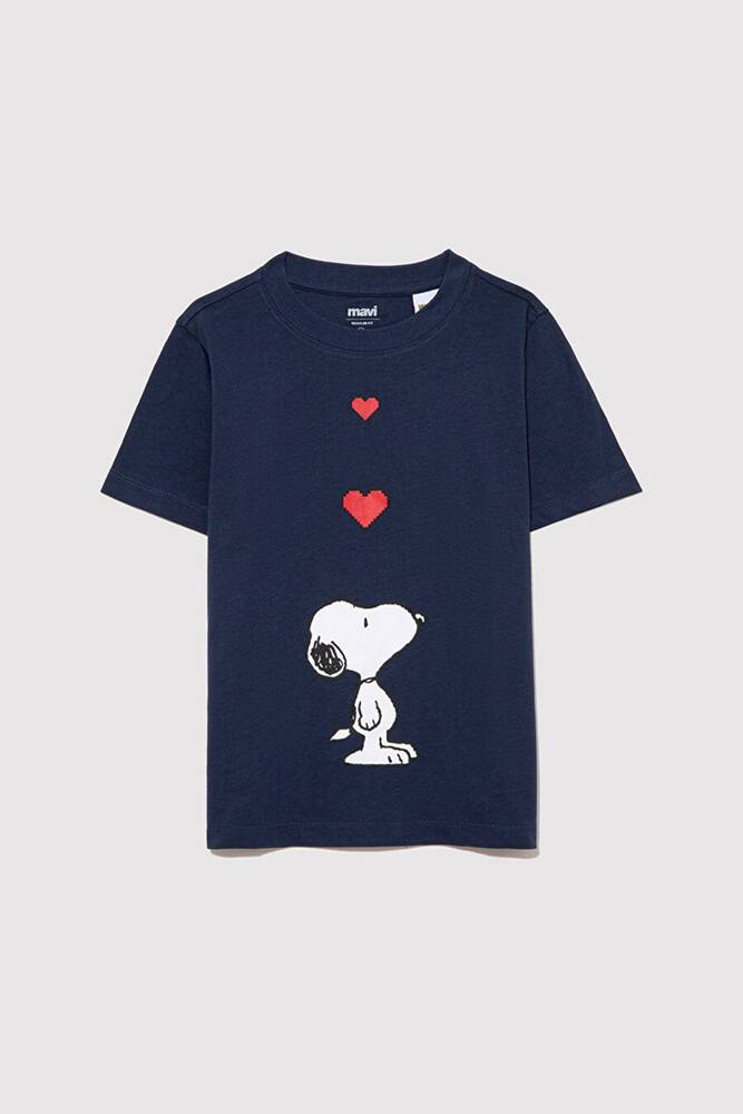 Kız Çocuk Snoopy Kalp Baskılı Tişört 7610242-70488 Lacivert 